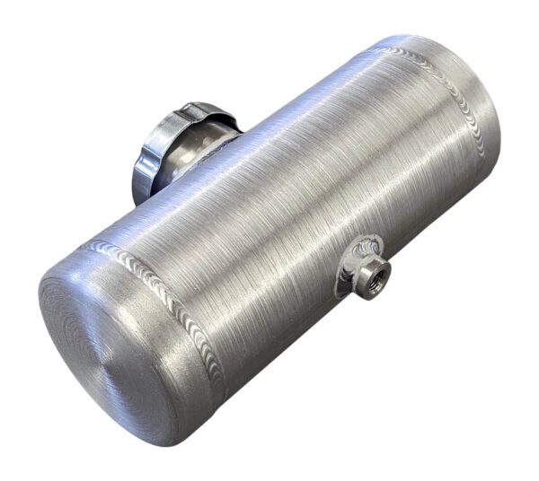 A stainless steel cylinder with a metal cap.