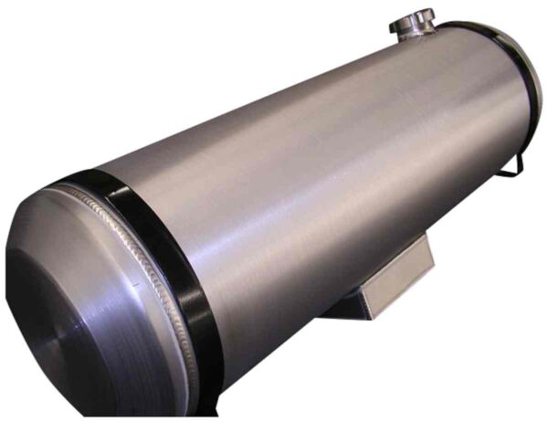 A large metal cylinder with a black stripe on the side.