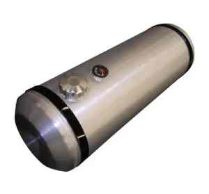 A silver cylinder with a black ring around it.
