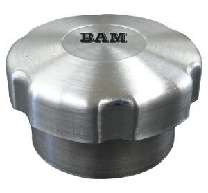 A silver cap with the word bam on it.