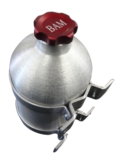 A silver tank with red cap and handle.