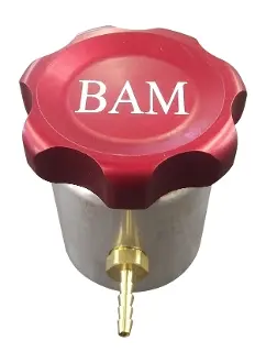 A red cap with the word bam on it.