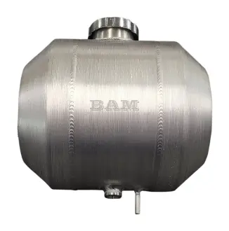 A silver tank with the name bam on it.