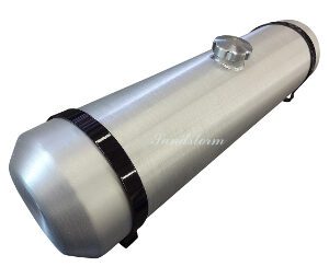 A silver tank with black strap around it.