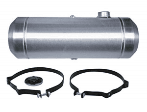 A silver tank with two black rings and one metal cylinder.