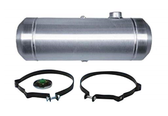 A silver tank with two black rings and one metal cylinder.