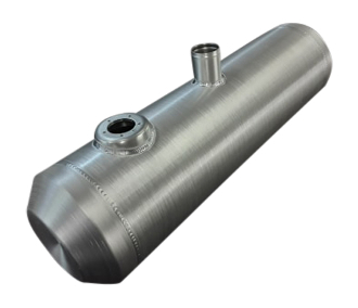 A stainless steel tank with a metal cap.