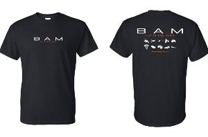 A black t-shirt with the word bam written on it.