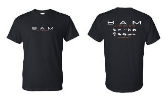 A black t-shirt with the word bam written on it.