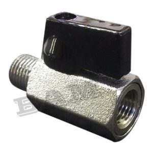 A black and silver valve with a button on it