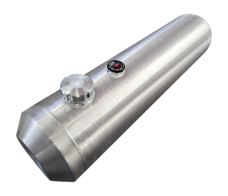 A silver tank with a red button on top.