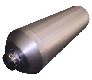 A large cylinder with a metal body and a stainless steel cap.