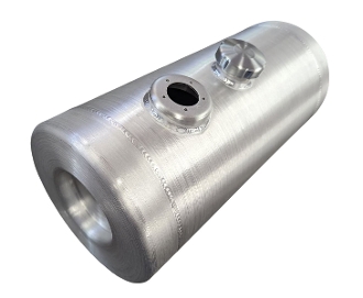 A silver cylinder shaped tank with two holes in it.