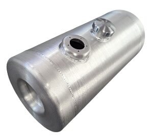 A silver cylinder shaped tank with two holes in it.