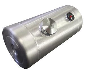 A silver tank with a red button on the side.