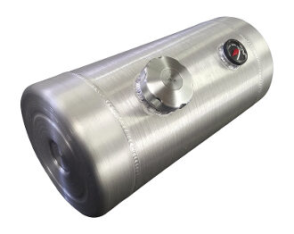 A silver tank with a red button on the side.