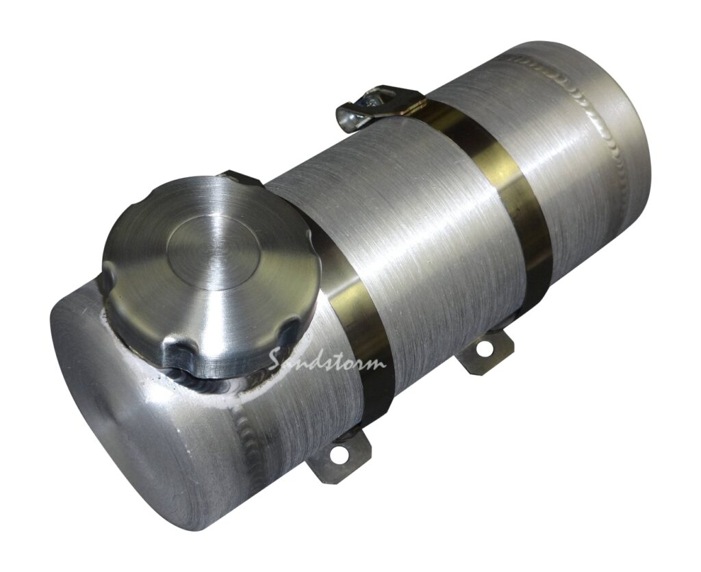 A silver cylinder shaped tank with a metal cap.