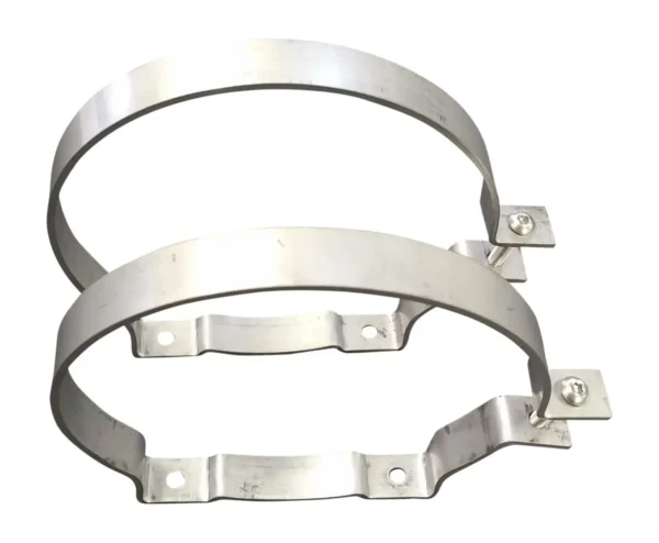 A pair of metal rings with mounting plates.