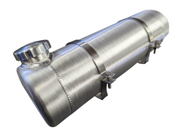 A stainless steel tank with a metal cap.