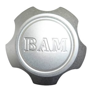 A silver cap with the word bam on it.