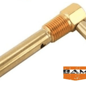 A brass pipe with an orange end and the name bam