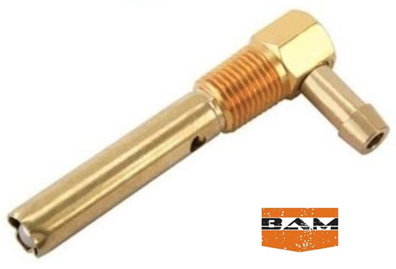 A brass pipe with an orange end and the name bam