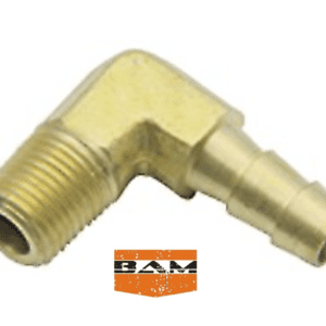 A brass hose fitting with an orange bam logo.