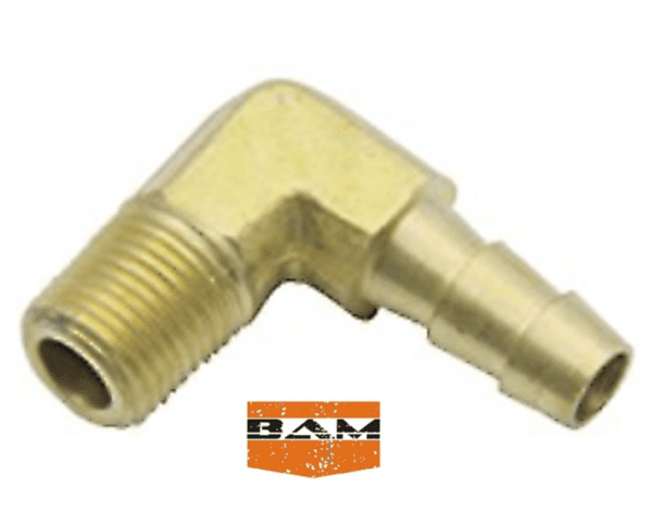 A brass hose fitting with an orange bam logo.