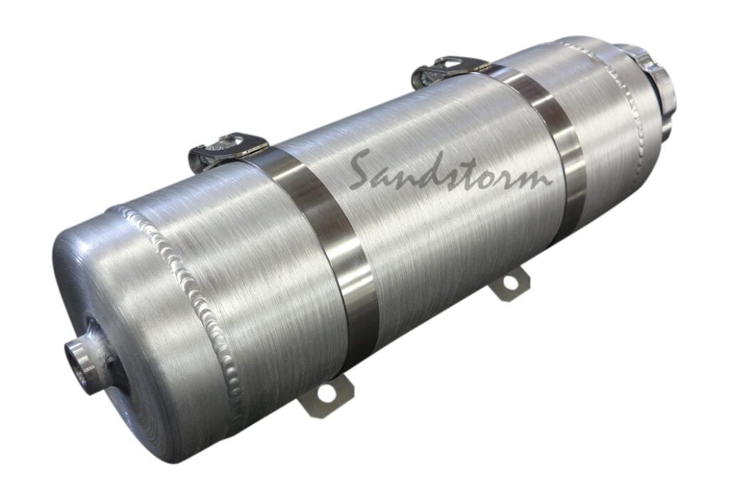 A silver cylinder shaped device with the word " sandstorm ".