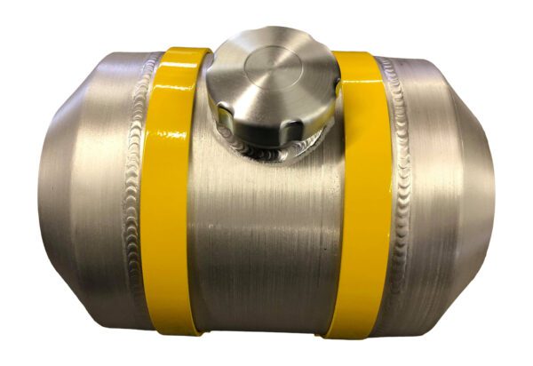 A stainless steel tank with yellow bands around it.