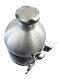 A metal water bottle with two handles and a lid.