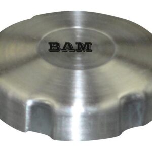 A silver cap with the word bam on it.