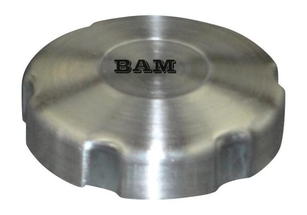 A silver cap with the word bam on it.