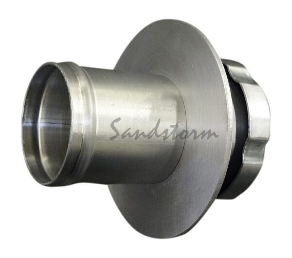 A stainless steel flange with the word sandstorm underneath it.