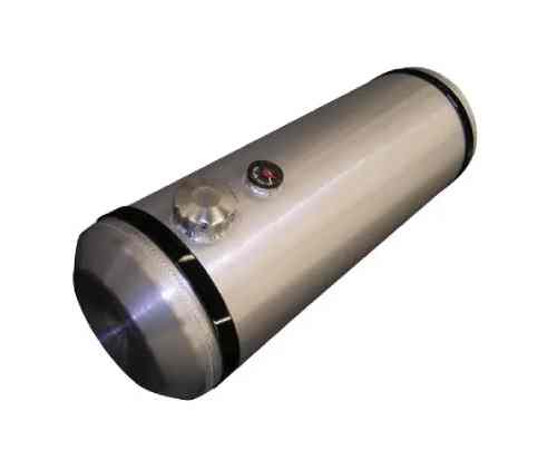 A silver cylinder with a black ring around it.
