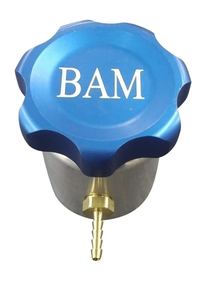 A blue and silver faucet with the name bam on it.