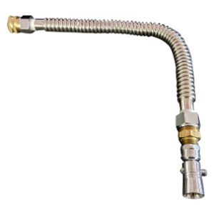 A stainless steel hose with an elbow and a brass nut.