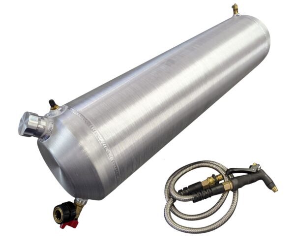 A silver tank with a hose attached to it.