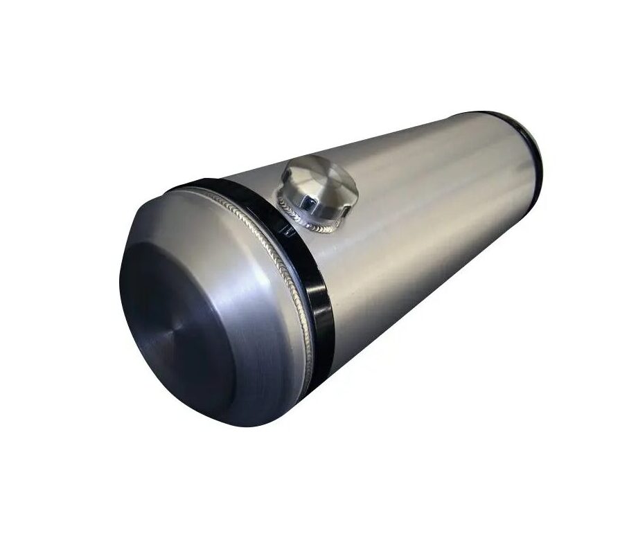 A silver cylinder shaped tank with a black top.