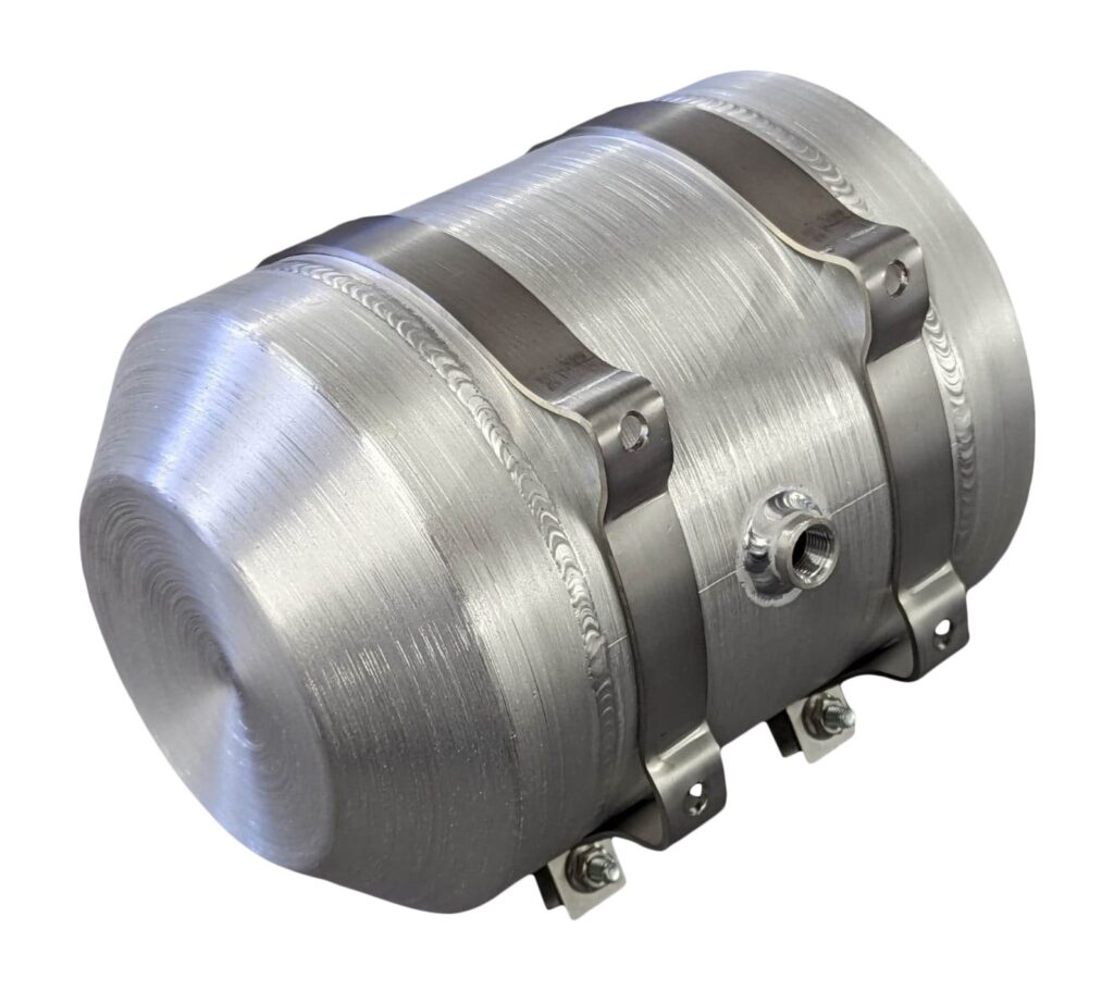 A silver tank with two valves on the side.
