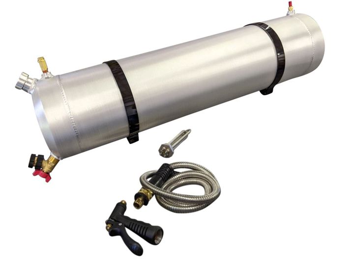 A silver tank with two black handles and a hose.