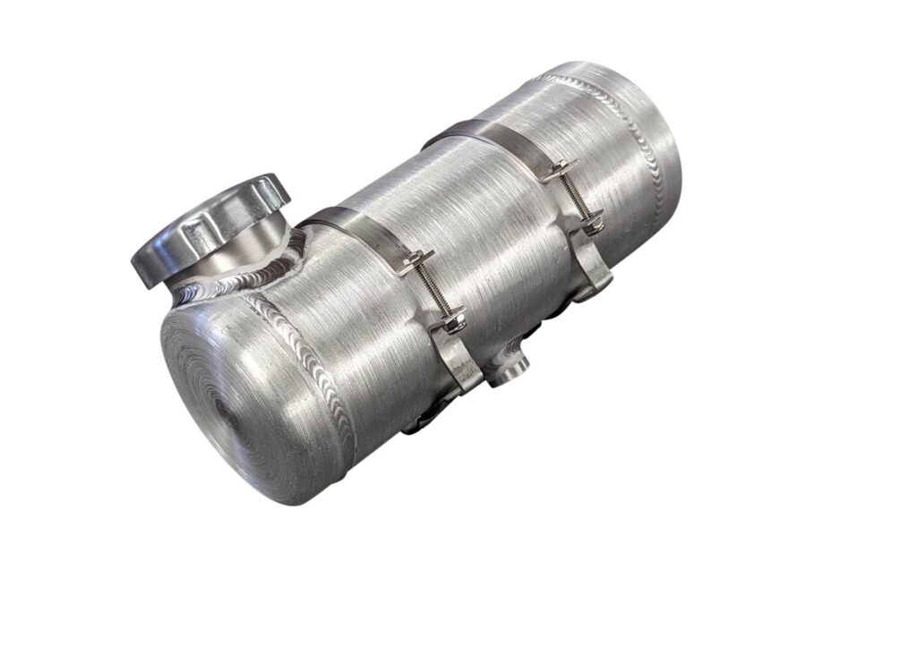 A stainless steel tank with a metal cap.
