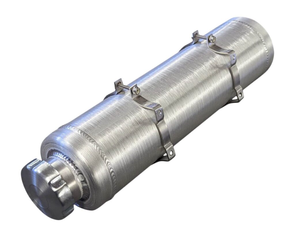A stainless steel cylinder with two metal straps around it.