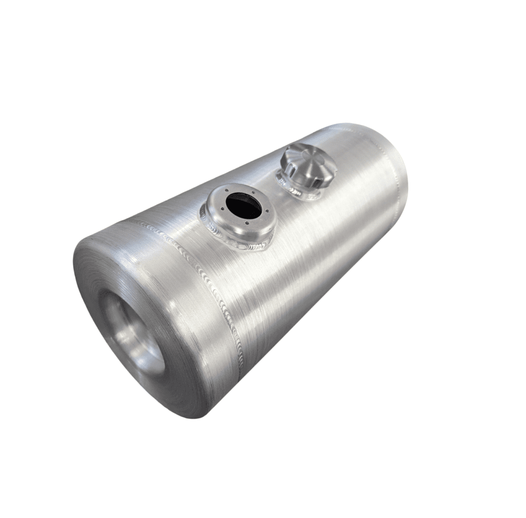 A silver cylinder with two holes on top of it.