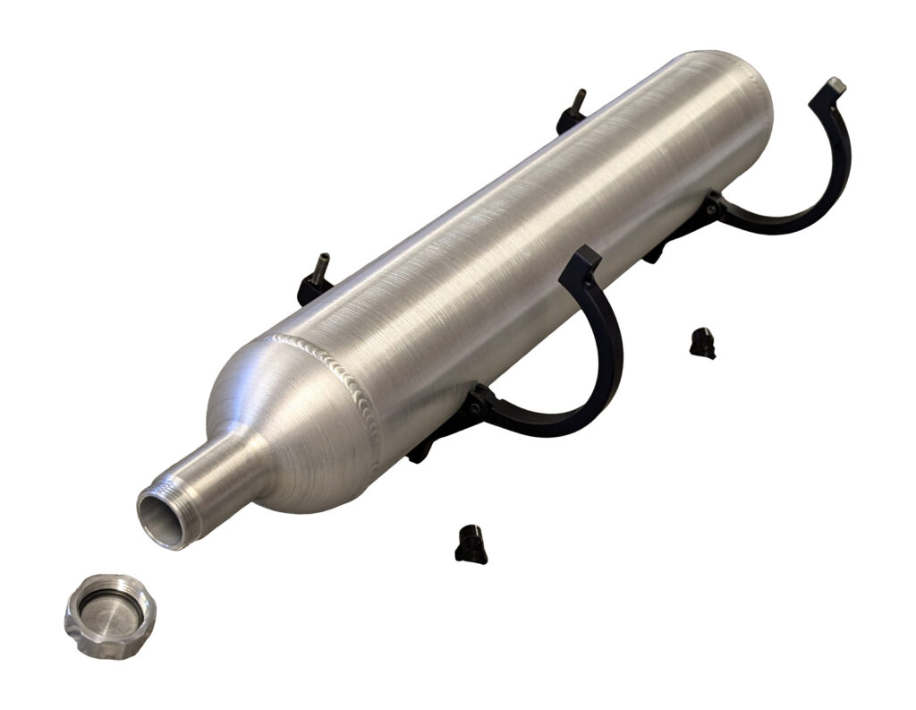 A silver tube with black handles and some black rivets