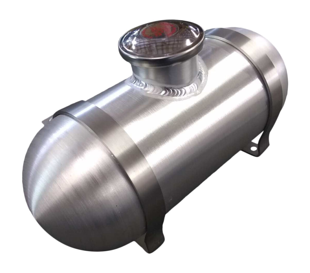 A silver tank with a chrome top and a red light.
