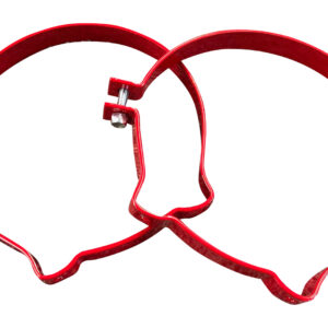 Two red cookie cutters shaped like kissing faces forming a heart.